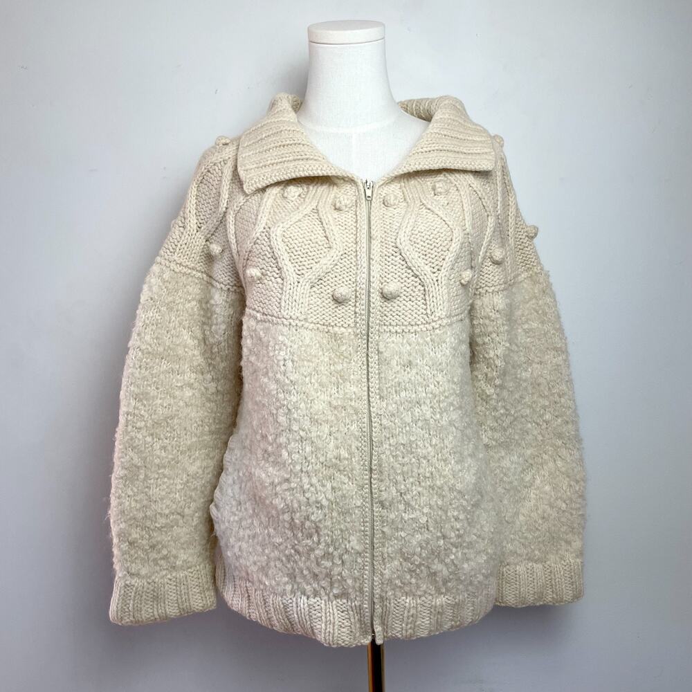 Vintage Irish Wool Zip Up Cardigan Sweater S/M Chunky Fisherman Coastal Guernsey